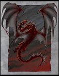 Red Sky  Media: Photoshop, hand drawn lines.  Just a dragon having a bit of a fly. : red, black, dragon, dorsal view, flying grey, wings, red, sky, sunset, clouds, flight, full body