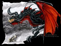Ember  Media: Tria markers, pen and ink. Project link:  "The Daemonslayers"  Character: Ember Appears in: Heritage : ember, daemonslayers, black, red, dragon, horns, storm, markers, amoranth, fierce, dark, project, character