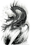 Ink Dragon  Media: Brush pens 2015  More brush pens. His scales make me think of lava :) : dragon, ink, black and white, black. brush pen, bust, head, neck, wings