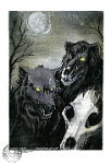 Night Things  Media: Mixed media. Ink, marker, watercolour, glitter, varnish, Distress ink, Distress stain (pewter) Spring 2015  Mixed media. The wolf at the back rather lets the side down. : wolves, wolf, black, dark, undead, skull, decaying, gothic, illustration, mixed media, colour,