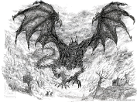 The Destroyer  Media: Pen and ink. Project link:  "The Daemonslayers"  Character:  Syrax Bloodbane (Blackjack)   At the height of his power, before he grew bored and largely withdrew from the world and before he was cursed, Bloodbane was a monster against which few dared stand. And the foolhardy that did, did not live to do so again. : syrax, bloodbane, blackjack, black, dragon, black dragon, daemonslayers, character, oc, original character, true form, detail, evil, fierce, destruction, fire, full body, attack. stippled, stippling, pointillism, pen and ink, black, white 