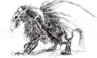 Zombie Griffin  Project link:  "The Daemonslayers"  Character: random undead gryphon. Appears in: Heritage : Undead, griffin, gryphon, evil, fell, monster, zombie, heritage, daemonslayers, character, comic, pen and ink, black and white, greyscale