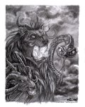 chimera  Media: Pencil on bristol board. A4 Another of my favourite mythological monsters. I originally thought about drawing the heads looking closer to their natural counterparts, but then I decided that since this is a monster I'd play with their appearances a little, 'specially the lion head. : chimera, fantasy, greek mythology, mythology, lion, snake, goat, heads, three, pencils, detailed, evil, monster, myths and legends, myth, graphite, greyscale, black and white, portrait