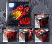 Medium Box - Red Dragon  Media: Medium wooden trinket box, acrylic paint, craft seal  sold : trinket box, box, jewellery, painted, red dragon, red, dragon, black, moon