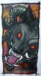 silk dire wolf  Dire wolf, on silk.  You can see I struggled with some of the colour bleeding on those teeth. : silk, painting, silk painting, craft, art, animals, wolves, black, horned, monster, dire wolf, wolf, black, red
