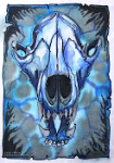 silk fox blue  Fox skull, again. The joy of working with templates.  I was pleased with this save for the leaking over the outer borders there. : silk, painting, silk painting, craft, art, nature, animal, fox, skull, study, blue, ice, electric, black, white