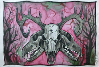 silk skulls hunt  'The Hunt' second attempt.  Learned my lesson and worked larger. Still there's something I'm not quite happy about here but it's closer to what I'd had in mind. : silk, painting, silk painting, craft, art, animals, nature, skulls, antlers, deer, wolves, hunt, red, black
