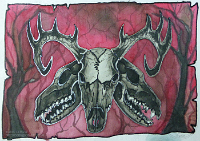 silk skulls hunt0  'The Hunt'. First try. Too small to get detail in properly.  Based off my 'Caput Mortuum' watercolour painting. : silk, painting, silk painting, craft, art, animals, nature, skulls, antlers, deer, wolves, hunt, red, black