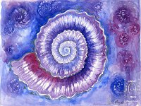 Ammonite  Media: Goache, Schmincke Aqua Bronze silver powder on A5 hot press watercolour paper  I'd had ammonites on the brain.  More in the silk painting gallery. : ammonite, art in herts, art society, goache, watercolour, painting