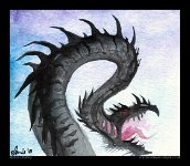 Dragon Head  Media: Watercolour  Quick sketch : watercolour, dragon, head, black, spikes, spines, viscious