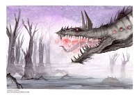 Swamp Beastie  Media: Watercolours  Just a beastie. : swamp, watercolour, watercolor, beast, monster, big mouth, dead trees