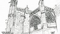 inksketch cathedral  March 2022 Sakura Pigma pens in 16:9 Winsor&Newton sketchbook, 90gsm paper.  Carcasonne, I think. Maybe.  It's all a bit wibbly wobbly unlike my photo.