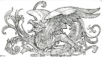 inksketch monstrous ornament griffin  June 2022 Sakura Pigma pens in 16:9 Winsor & Newton sketchbook, 90gsm paper. My rendition of an ornamental design from one of those books of copyright-free images by Dover books.